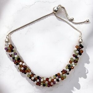 Amethyst Garnet & Rainbow Moonstone Beaded Sterling Silver Bracelet 925